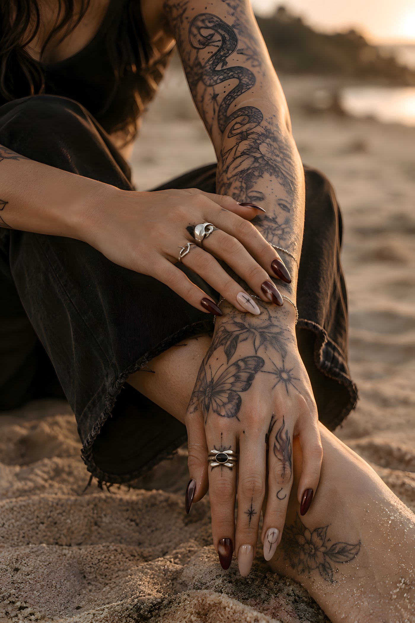 Close-up of tattooed hands with artistic nail art and silver rings in warm golden light